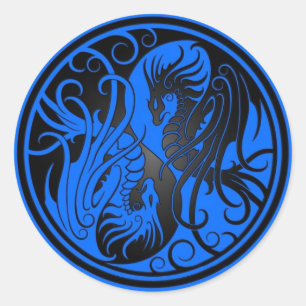 Sticker Rond Dragons Yin Yang - bleu et noir