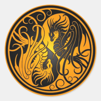 Sticker Rond Dragons Yin Yang - jaune et noir