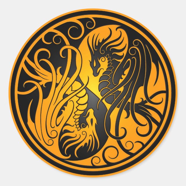 Sticker Rond Dragons Yin Yang - jaune et noir (Devant)