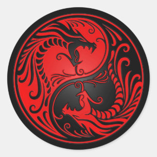 Sticker Rond Dragons Yin Yang rouges et noirs