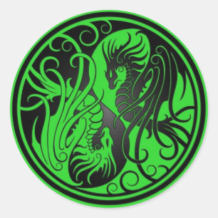Sticker Rond Dragons Yin Yang - vert et noir