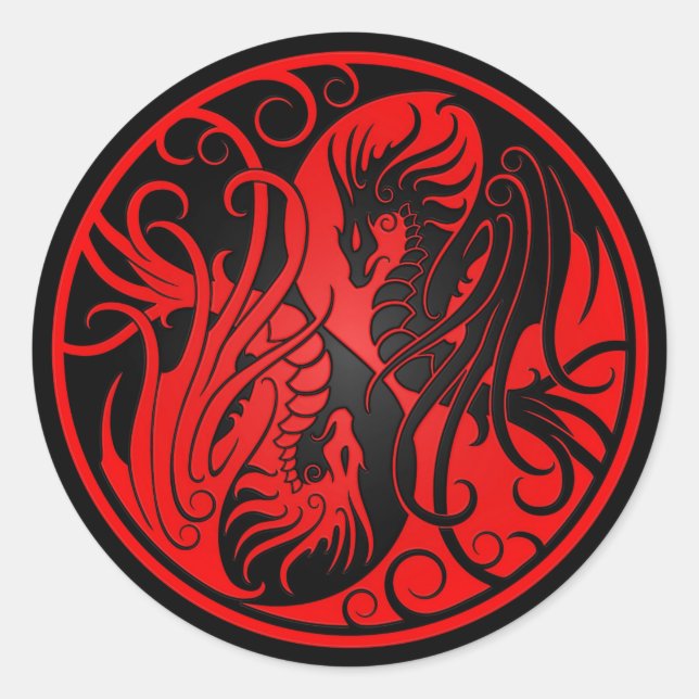 Sticker Rond Dragons Yin Yang volant rouge et noir (Devant)