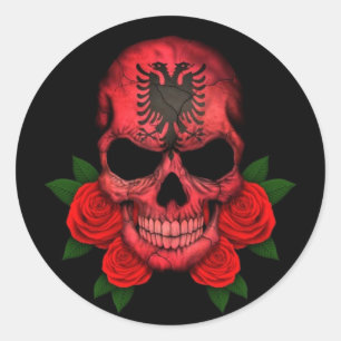 Sticker Rond Drapeau albanais avec des roses rouges