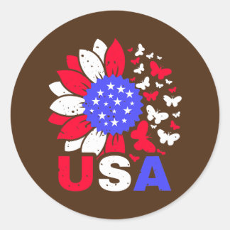 Sticker Rond Drapeau américain 4 juillet Fier Fille Fleur des É