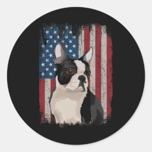 Sticker Rond Drapeau américain Boston Terrier 4 juillet patriot