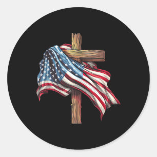 Sticker Rond Drapeau américain Christian Cross Jesus 4 juillet 