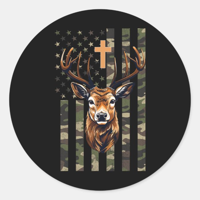 Sticker Rond Drapeau américain Christian Deer Hunting Camo (Devant)