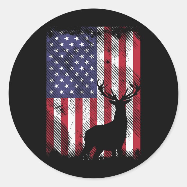 Sticker Rond Drapeau américain Deer Elk chasse Usa Patriotic Hu (Devant)