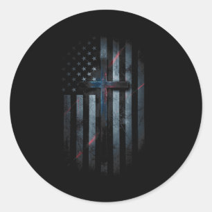 Sticker Rond Drapeau américain grunge et croix Foi Famille Libe