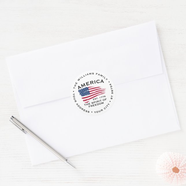 Sticker Rond Drapeau américain personnalisé Rouge Blanc Bleu Bl (Enveloppe)