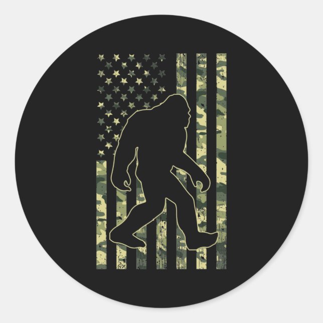 Sticker Rond Drapeau Camouflage de Bigfoot Sasquatch USA (Devant)