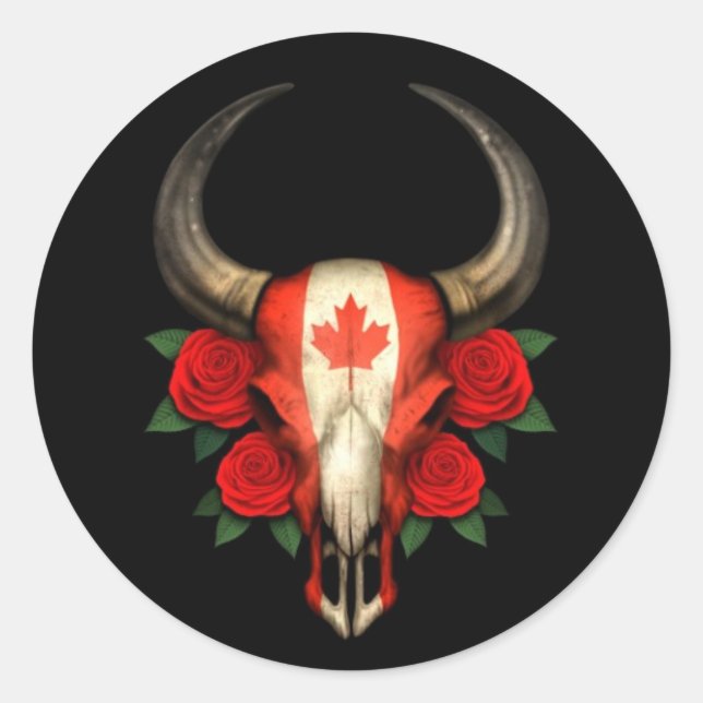 Sticker Rond Drapeau canadien Taureau avec des roses rouges (Devant)
