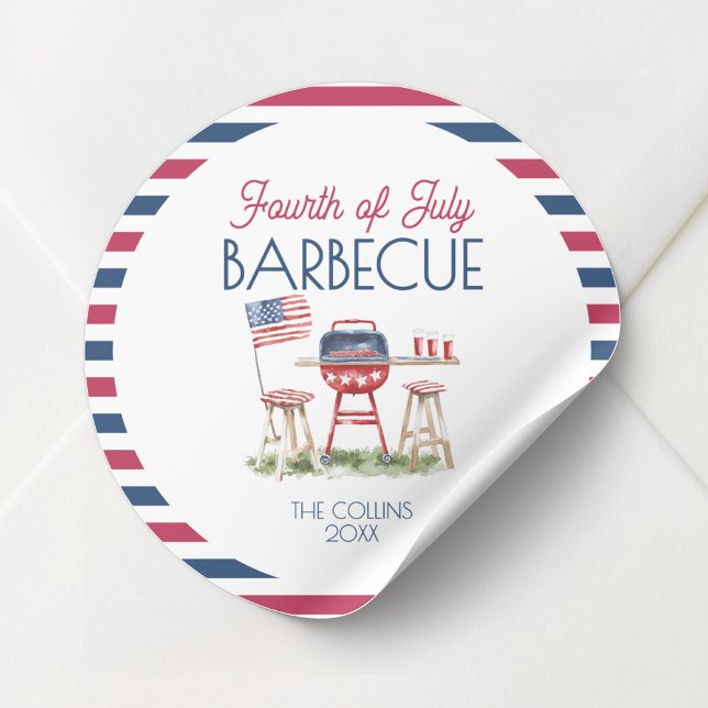 Sticker Rond Drapeau de barbecue patriotique 4 juillet fête d'é (Patriotic Barbecue Flag 4th of July Summer Party Classic Round Sticker)
