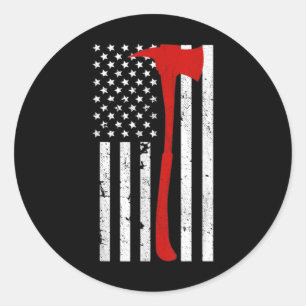 Sticker Rond Drapeau de pompier américain mince Red Line Ax