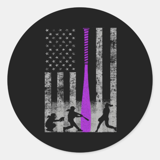 Sticker Rond Drapeau de softball Violet Bat de softball (Devant)