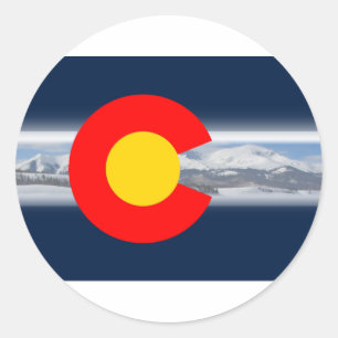 Sticker Rond Drapeau du Colorado avec montagnes