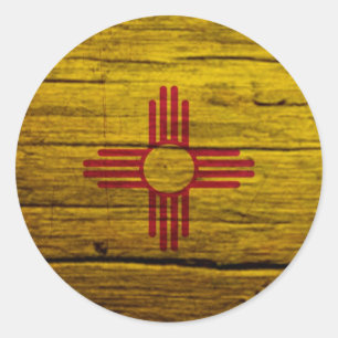 Sticker Rond Drapeau du Nouveau-Mexique bois rustique