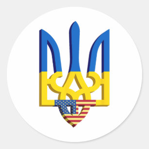 Sticker Rond Drapeau et armoiries de l'Ukraine avec drapeau amé