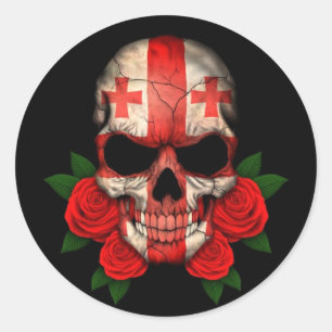 Sticker Rond Drapeau géorgien crâne avec des roses rouges