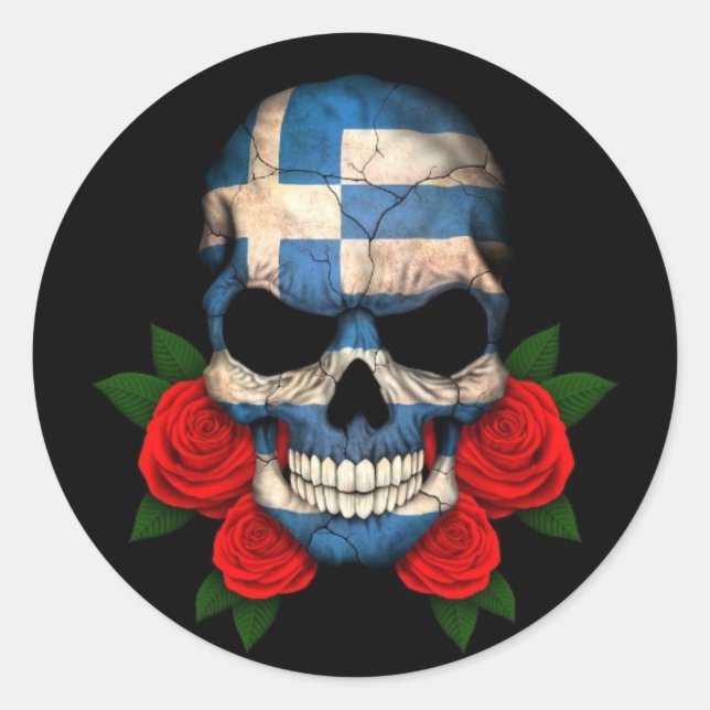 Sticker Rond Drapeau grec crâne avec des roses rouges (Devant)