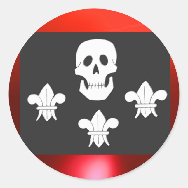 STICKER ROND DRAPEAU JOLLY ROGER ET TROIS LIEUX (Devant)