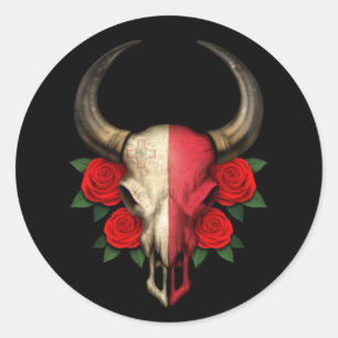 Sticker Rond Drapeau maltais Taureau avec Roses rouges