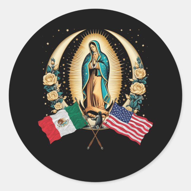 Sticker Rond Drapeau Mexicain Américain Notre Dame Virgen De Gu (Devant)
