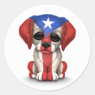 Sticker Rond Drapeau Porto Rico Patriotique Mignonne Chien Chie