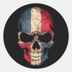 Sticker Rond Drapeau République Dominicaine crâne sur noir