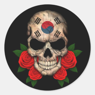 Sticker Rond Drapeau sud-coréen crâne avec des roses rouges