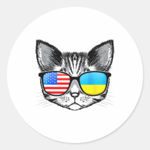 Sticker Rond Drapeau Ukraine États-Unis Racines Chat Ukrainien