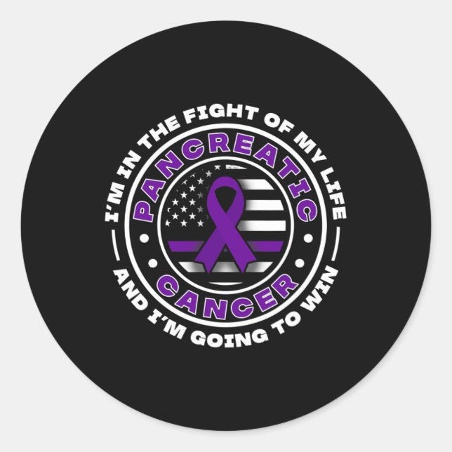 Sticker Rond Drapeau Usa Avec Rubans Violets Pour Cancer Pancré (Devant)