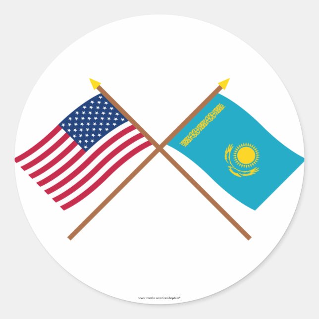 Sticker Rond Drapeaux croisés des États-Unis et du Kazakhstan (Devant)