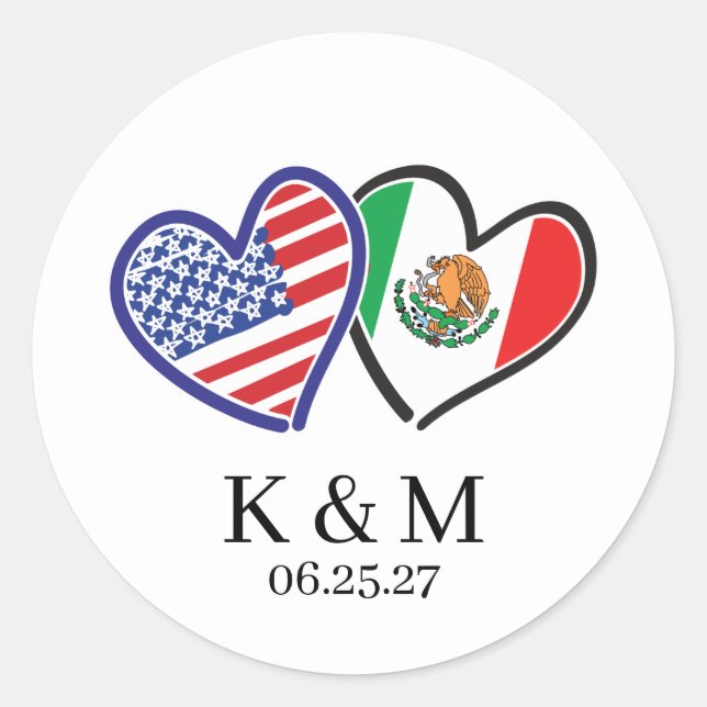 Sticker Rond Drapeaux de coeur Mexicain Américain (Devant)
