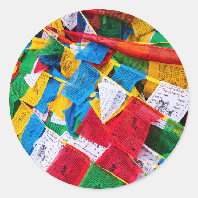 Sticker Rond Drapeaux de prière tibétains colorés - Tibet (Devant)