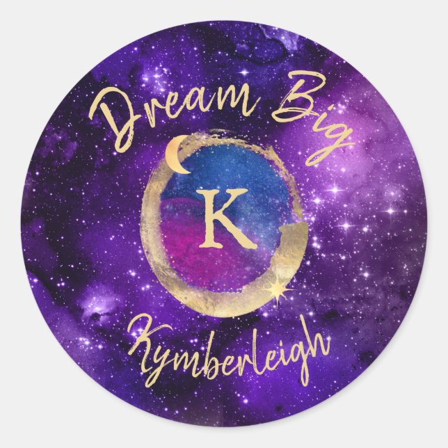 Sticker Rond Dream Big Space Galaxy Metallic Gold Nom du monogr (Devant)