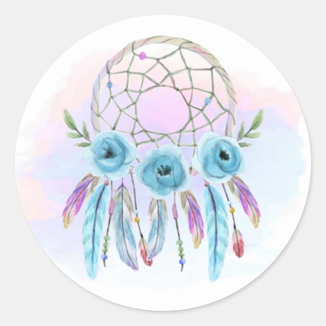 Sticker Rond Dreamcatcher Aquarelle Plumes Rustique Boho Chic (Devant)
