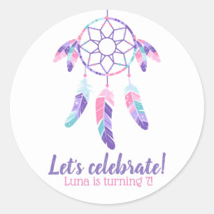 Sticker Rond Dreamcatcher rose violet turquoise parti anniversa