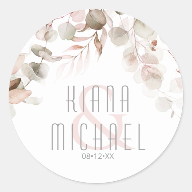 Sticker Rond Dreamy Foliage Mariage Blush Pink V2 ID817 (Devant)