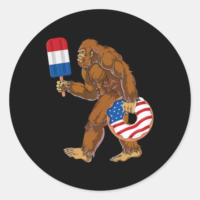 Sticker Rond Drôle 4 juillet Bigfoot Sasquatch américain (Devant)