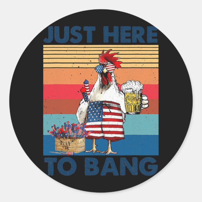 Sticker Rond Drôle 4 juillet juste ici pour Bang USA Drapeau (Devant)