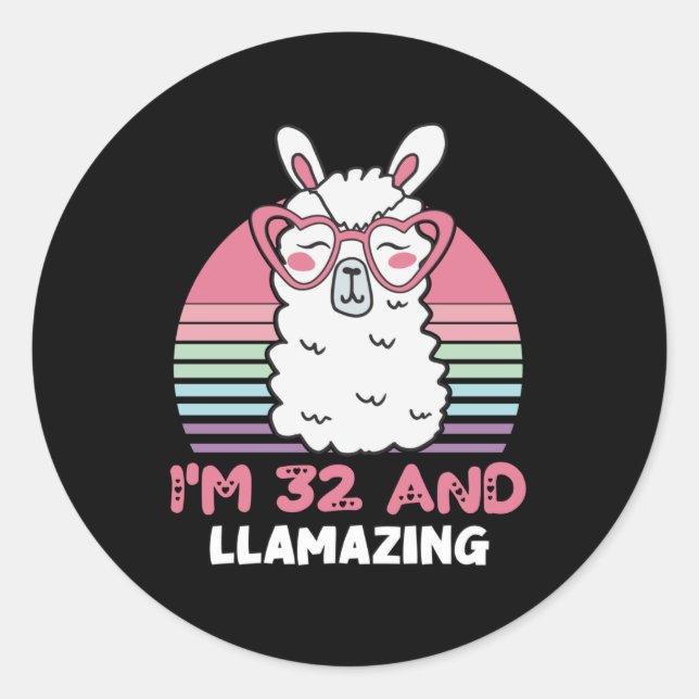 Sticker Rond Drôle Adorable Llama 32e cadeau d'anniversaire pou (Devant)