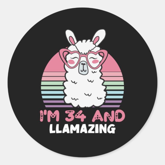 Sticker Rond Drôle adorable Llama 34e cadeau d'anniversaire pou (Devant)