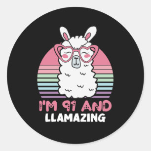 Sticker Rond Drôle Adorable Llama 91e Anniversaire Cadeau Pour