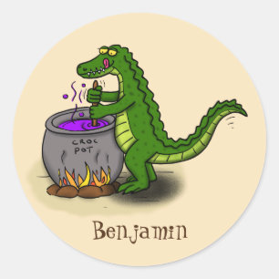 Sticker Rond Drôle alligator vert cuisine dessin animé