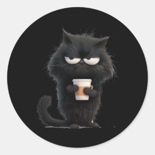 Sticker Rond Drôle Angry Black Cat Tee Cute Coffee Hommes Adult