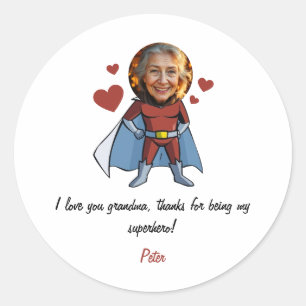 Sticker Rond Drôle Black & Maroon Cartoon Superhero Grand-mère