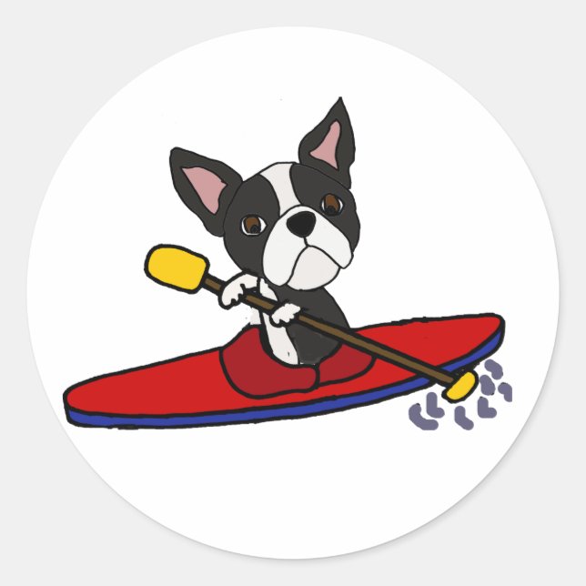 Sticker Rond Drôle Boston Terrier Chien Kayaking Cartoon (Devant)