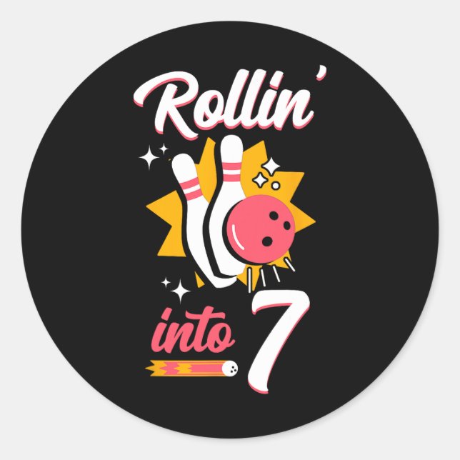 Sticker Rond Drôle Bowling 7e Anniversaire Rollin' Into 7 (Devant)