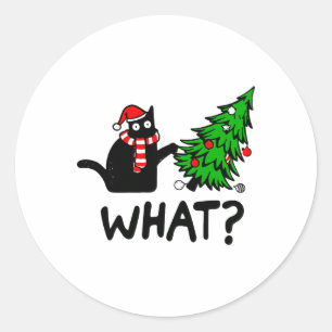 Sticker Rond Drôle cadeau de chat noir Poussant l'arbre de Noël